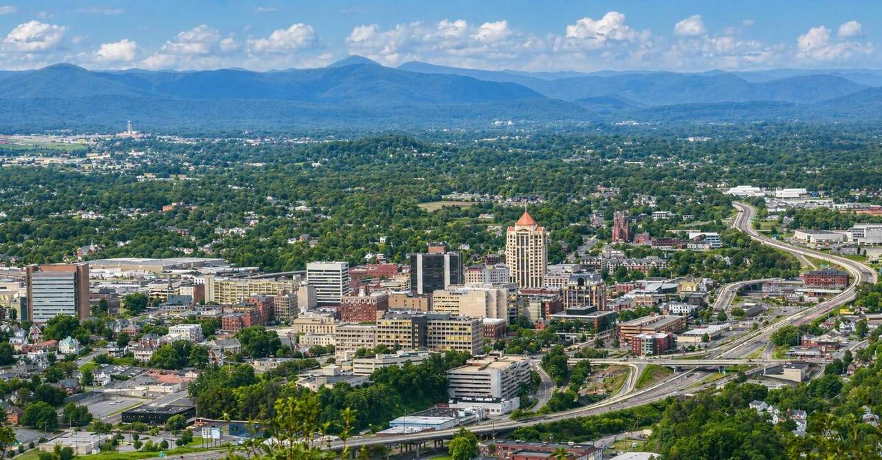 Aerial view of downtown Roanoke and the Blue Ridge Mountains from Mill Mountain
