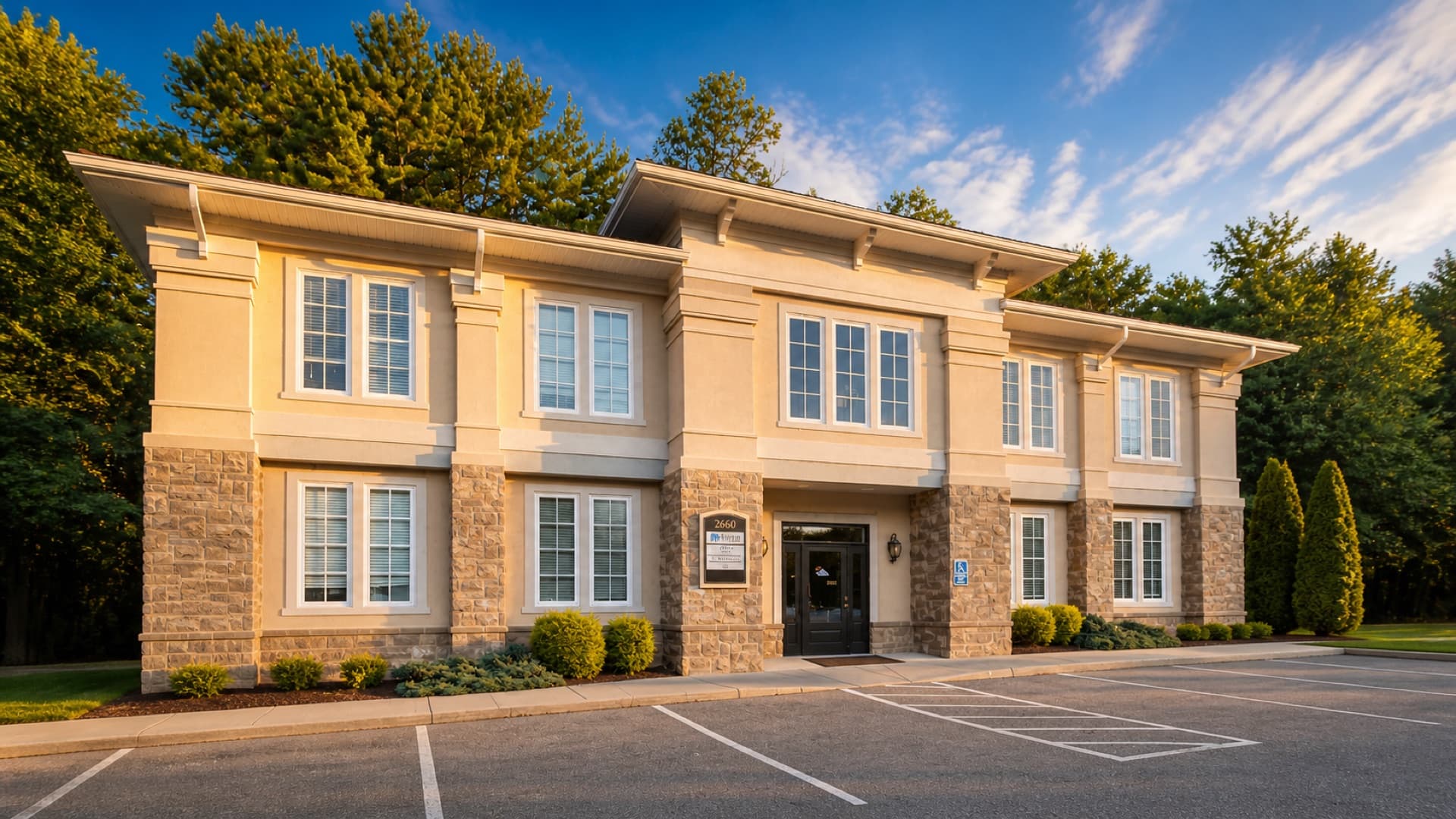 Exterior of Roanoke Dental Center on Electric Rd in Cave Spring, two-story tan stone-and-stucco office building with on-site parking