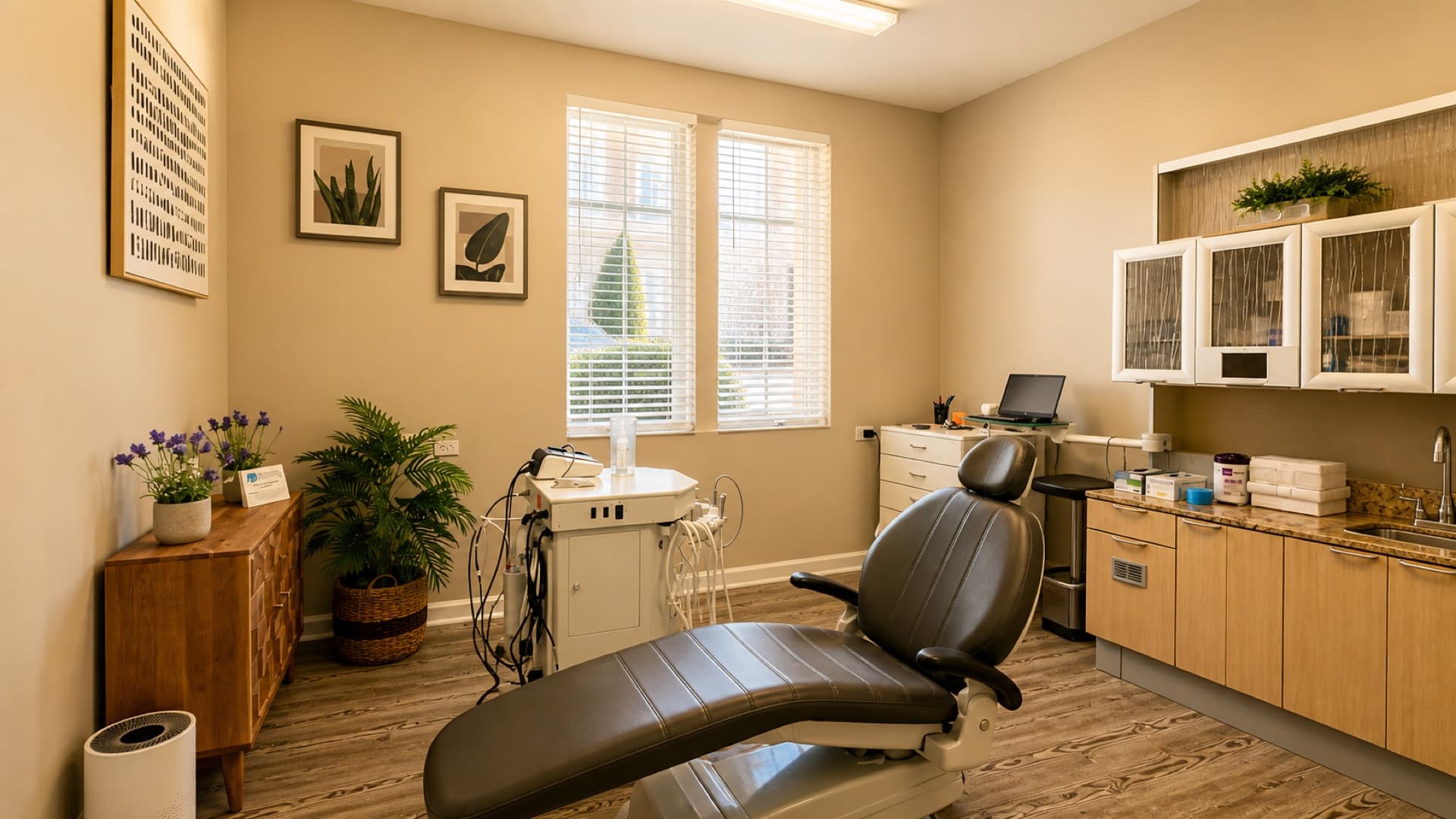 Roanoke Dental Center treatment room with modern dental chair, framed botanical art, and warm cream-toned cabinetry