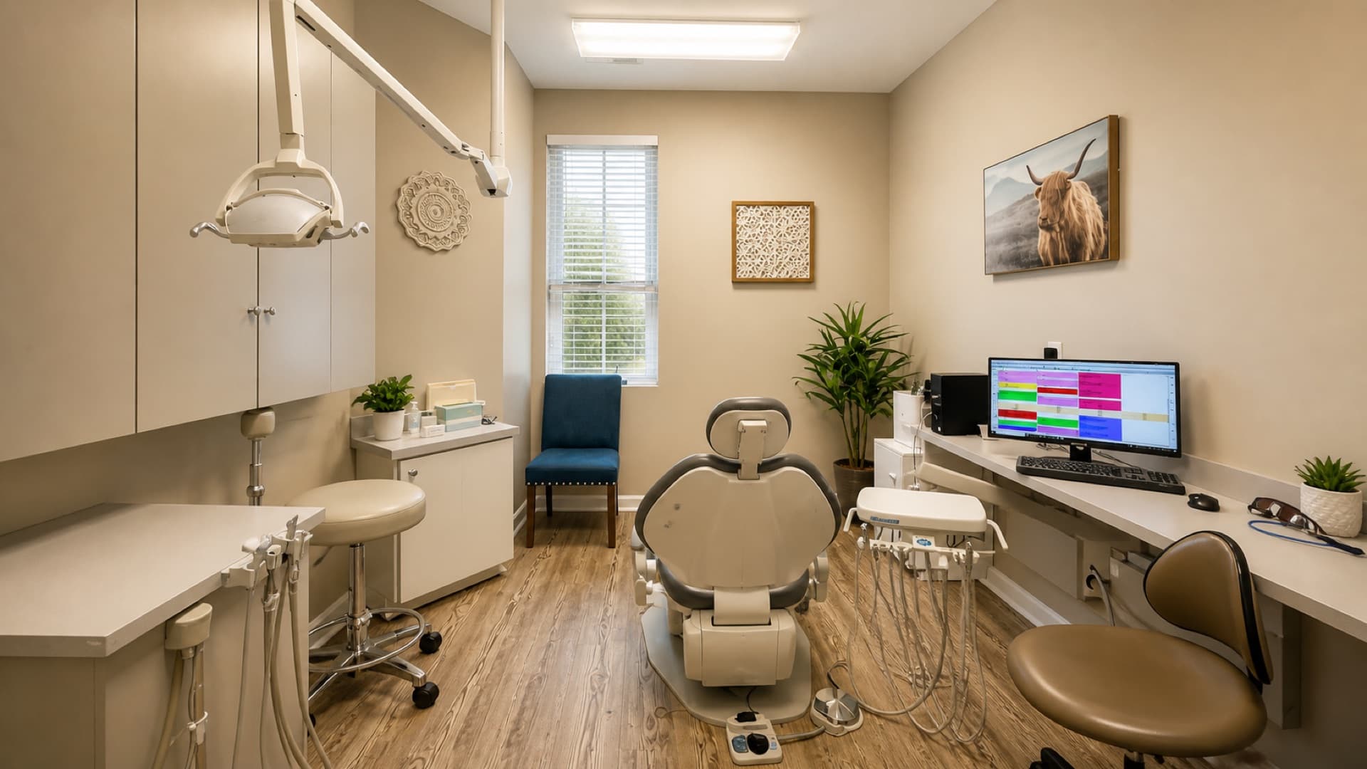 Dental operatory at Roanoke Dental Center showing chair, computer charting station, and natural light from a large window